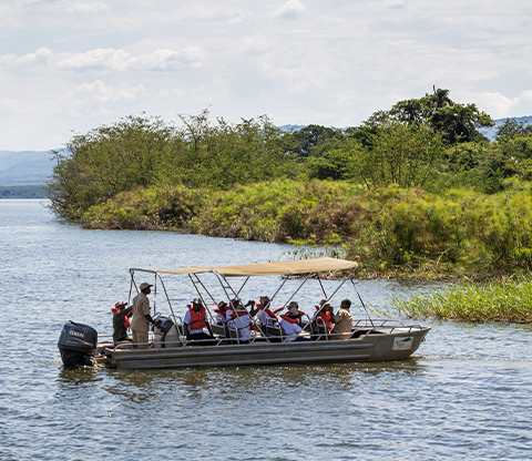 A group of tourist in a boat trip on Lake Ihema. 